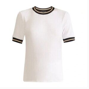 Veronica Beard White Ribbed Knit Top Shirt with Black and Gold Neckline S